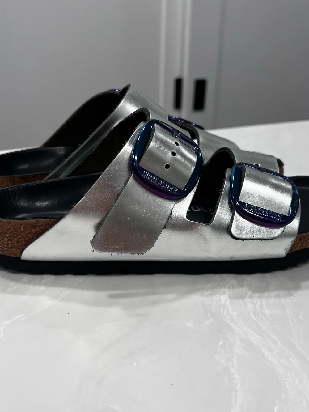 Birkenstock Arizona Big Buckle Slide Sandals Silver Metallic Leather Women's 37